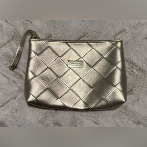 SHISEIDO Makeup Bag Goldtone Faux Leather Cosmetic Toiletry Pouch